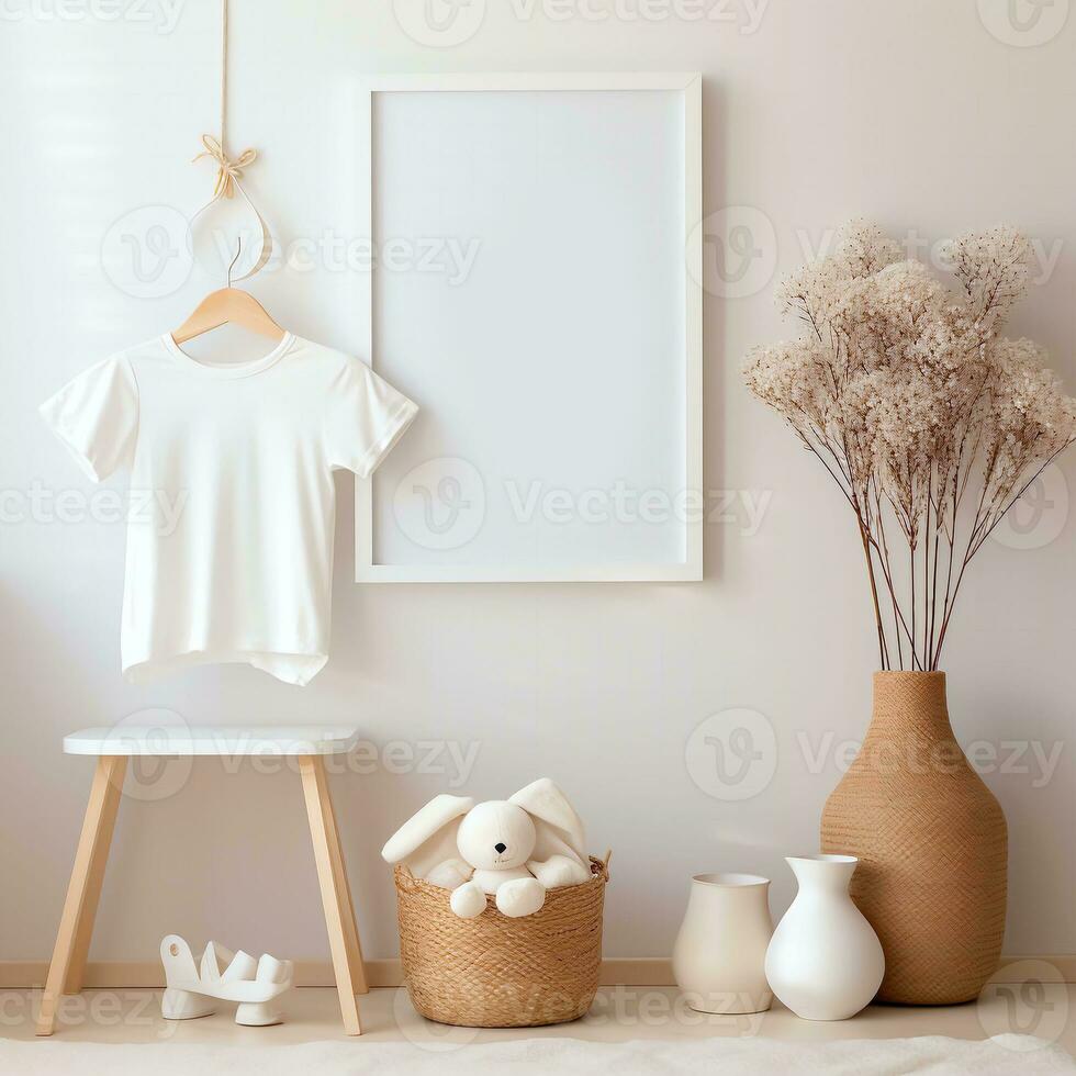 branco em branco bebê camiseta brincar dentro interior. suave bege interior para bebê.ai geração foto