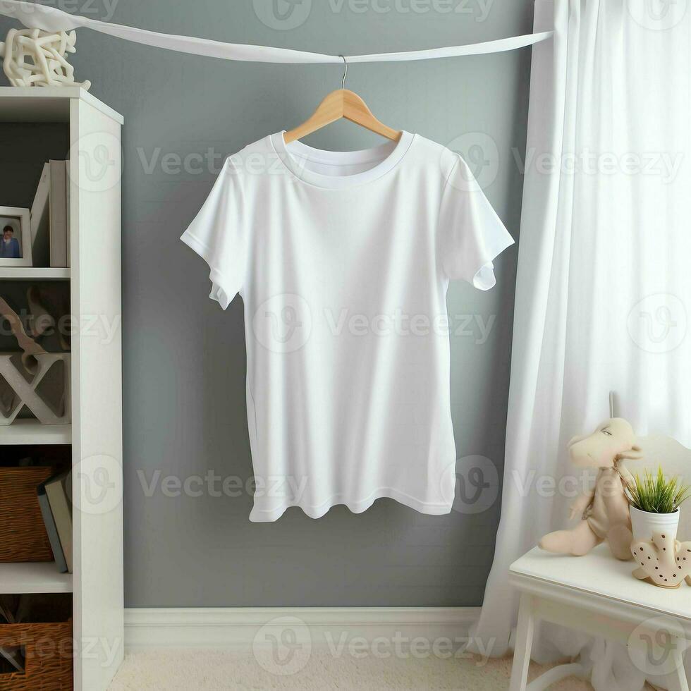 branco em branco bebê camiseta brincar dentro interior. suave bege interior para bebê.ai geração foto