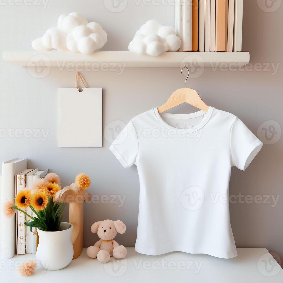 branco em branco bebê camiseta brincar dentro interior. suave bege interior para bebê.ai geração foto