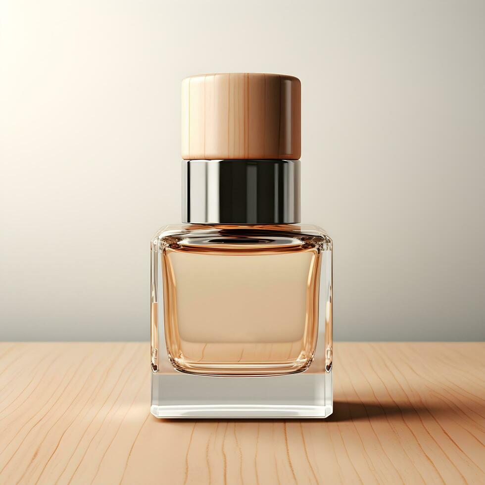uma transparente garrafa do perfume em uma mesa com uma de madeira topo. generativo ai foto