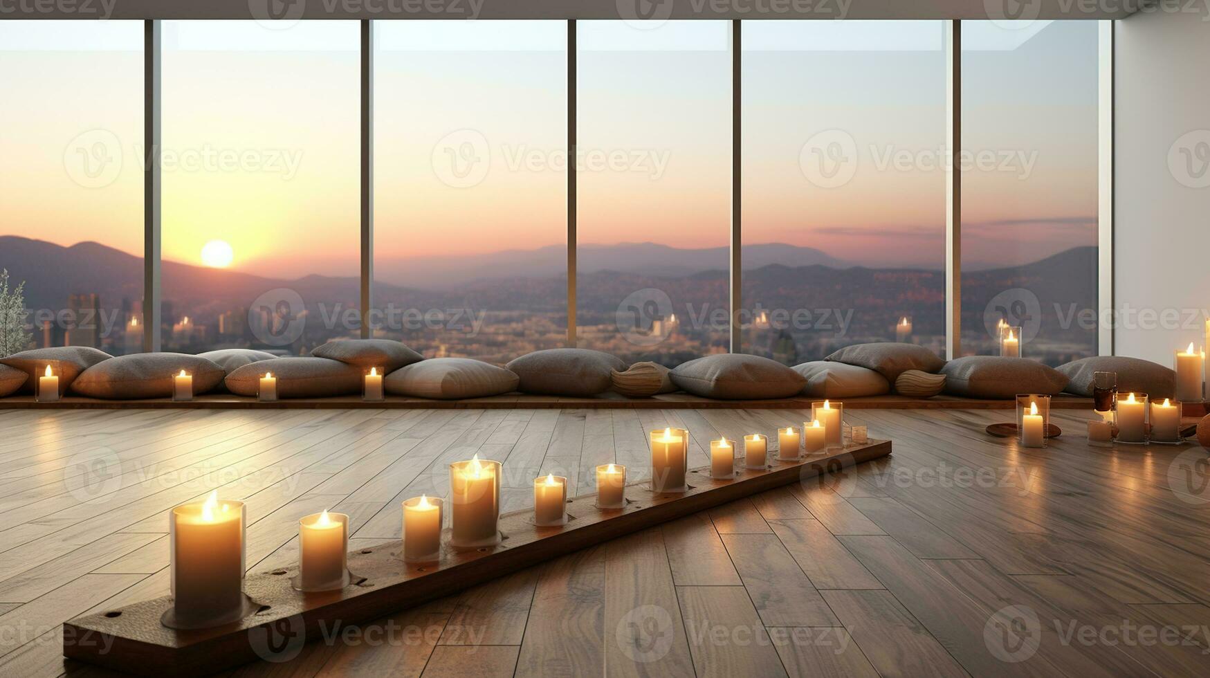 ioga estúdio com panorâmico janelas e queimando velas em a chão. calma e relaxar, esvaziar aula, spa sala. generativo ai foto