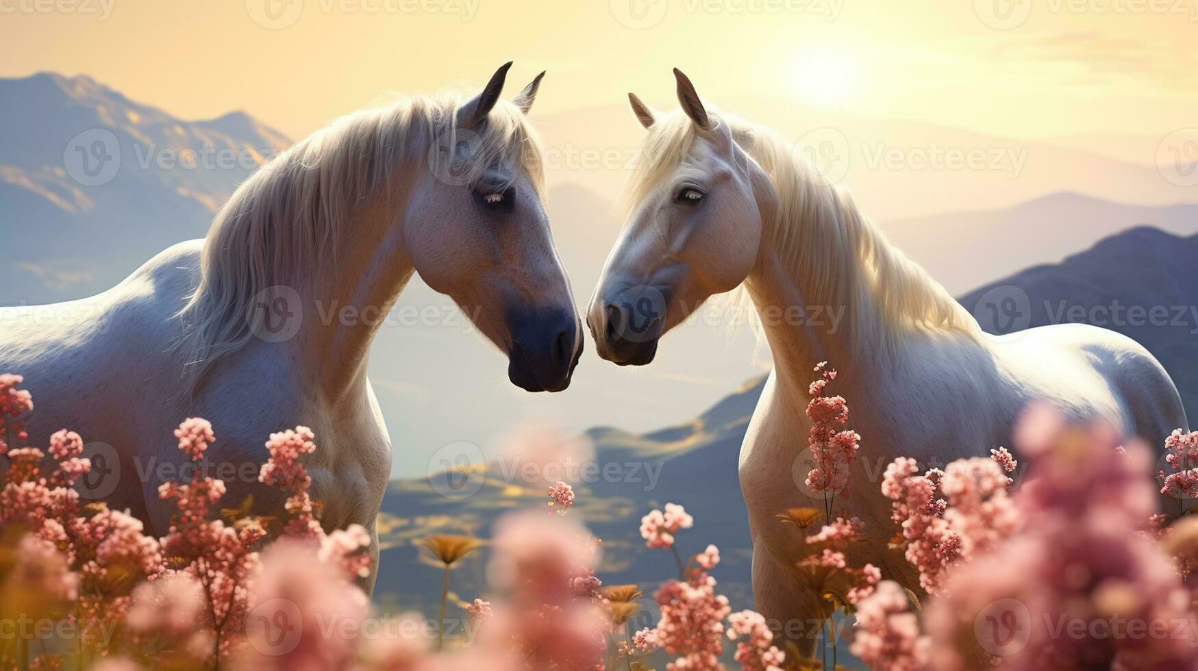 cavalos casal pastar em montanhas flores campo, luz solar fundo. amoroso cavalo casal se beijando em entre florescendo Prado, amor do dois lindo selvagem animais dentro colinas foto