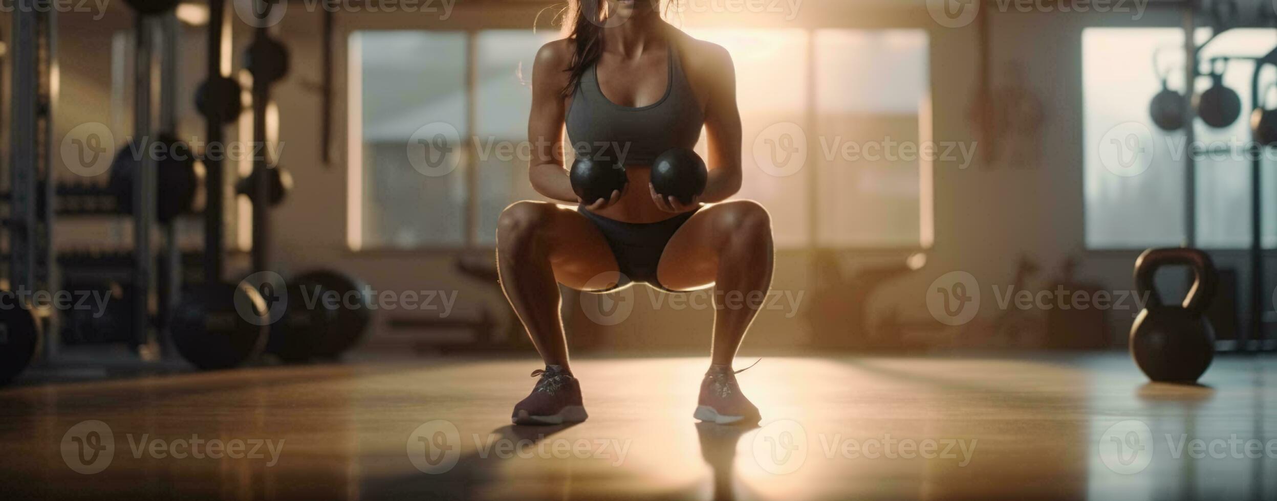 uma menina dentro calção é fazendo uma exercite-se com a ferro kettlebell. generativo ai foto