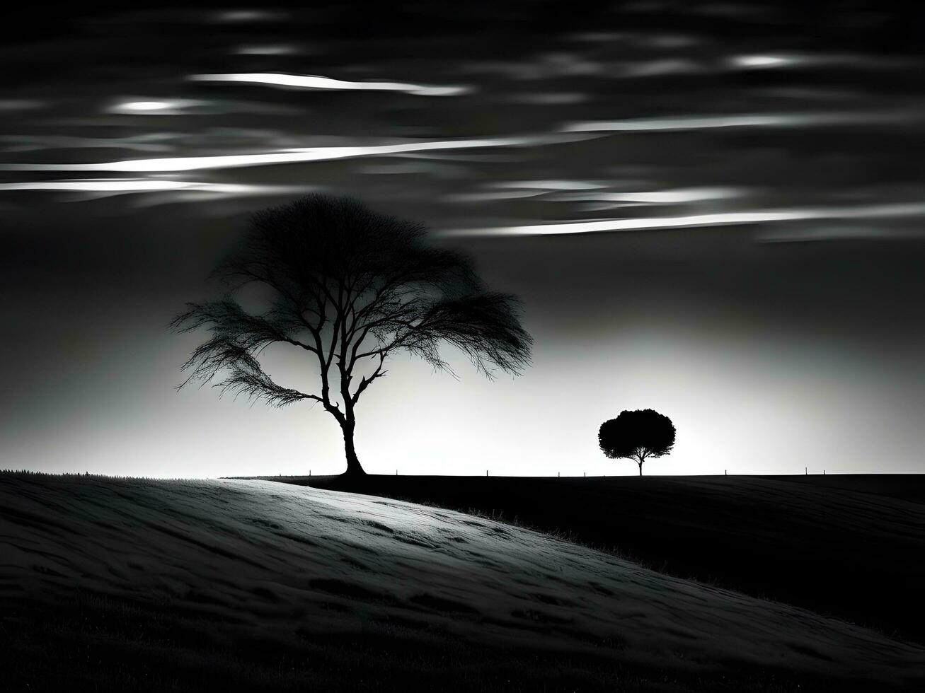 Preto e branco foto do uma solitário árvore dentro a meio do uma campo