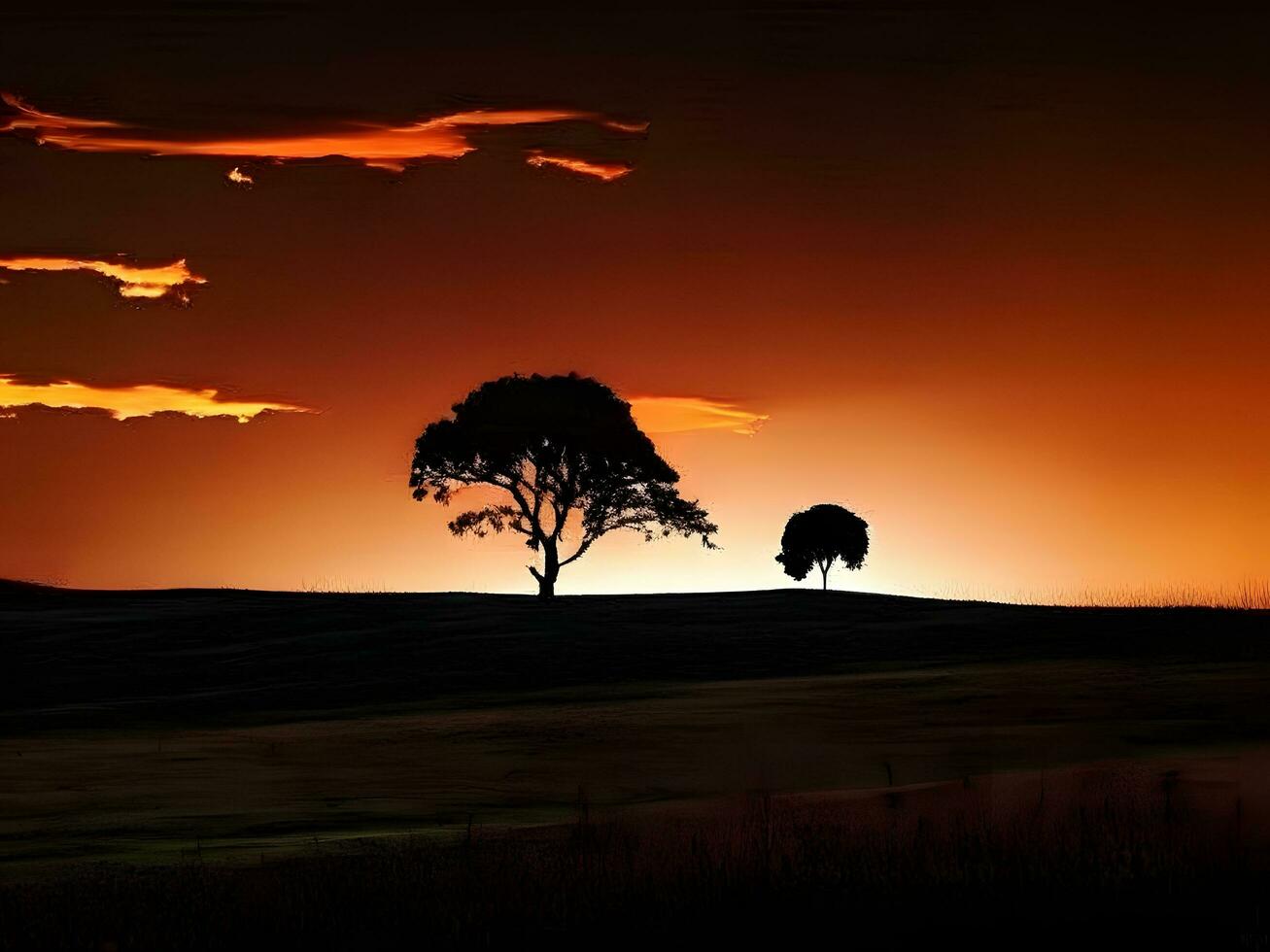 uma solitário árvore carrinhos dentro a meio do uma campo às pôr do sol foto