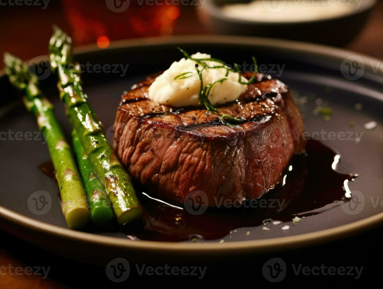 bife com espargos e amassado batatas em prato dentro restaurante foto