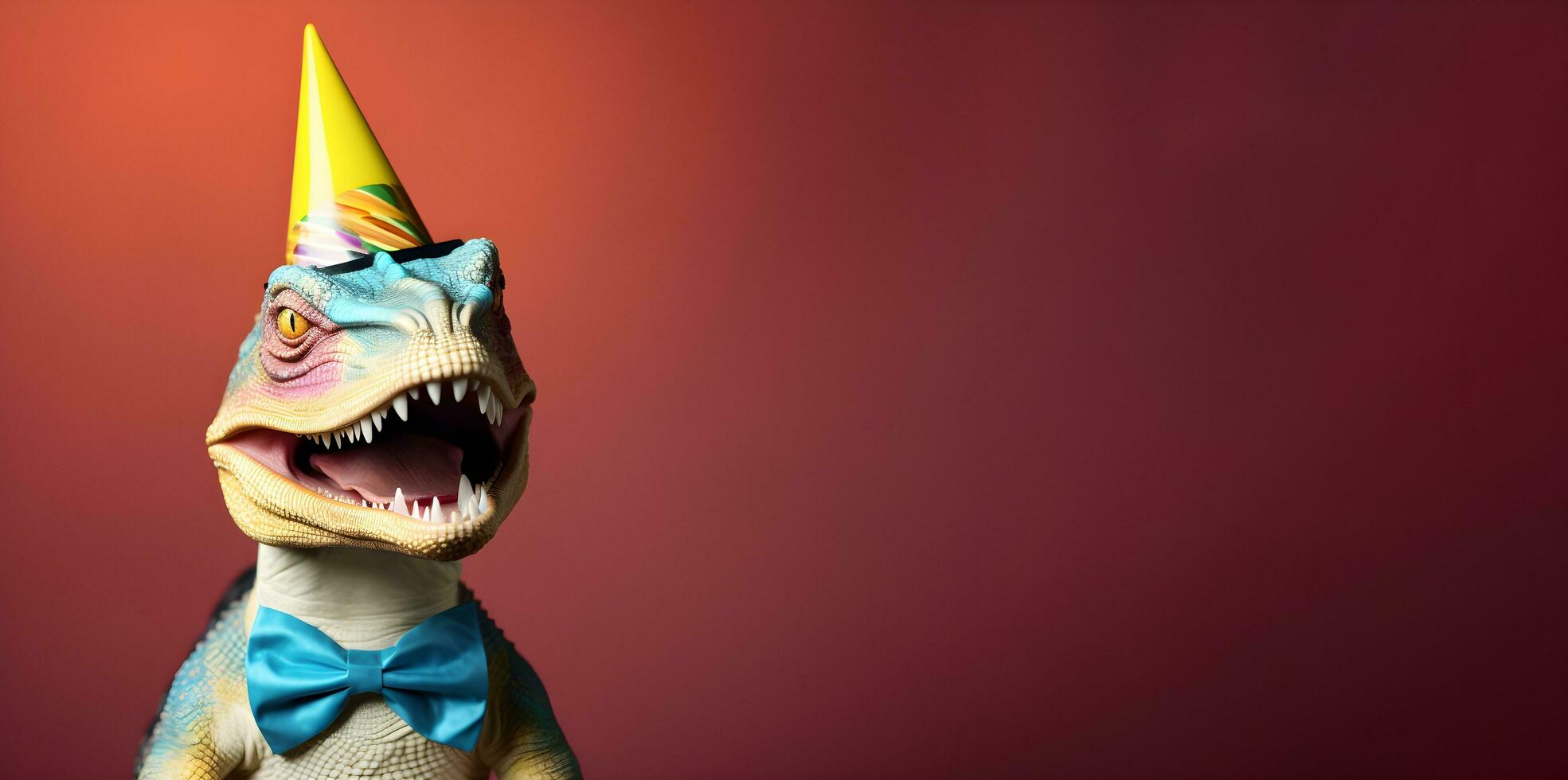 criativo animal conceito. uma dinossauro vestindo uma festa chapéu , digital arte, lapidado, cópia de espaço. generativo ai foto