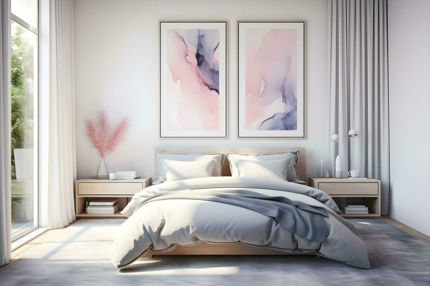 minimalista branco cama com colorida abstrato parede decoração, generativo ai foto