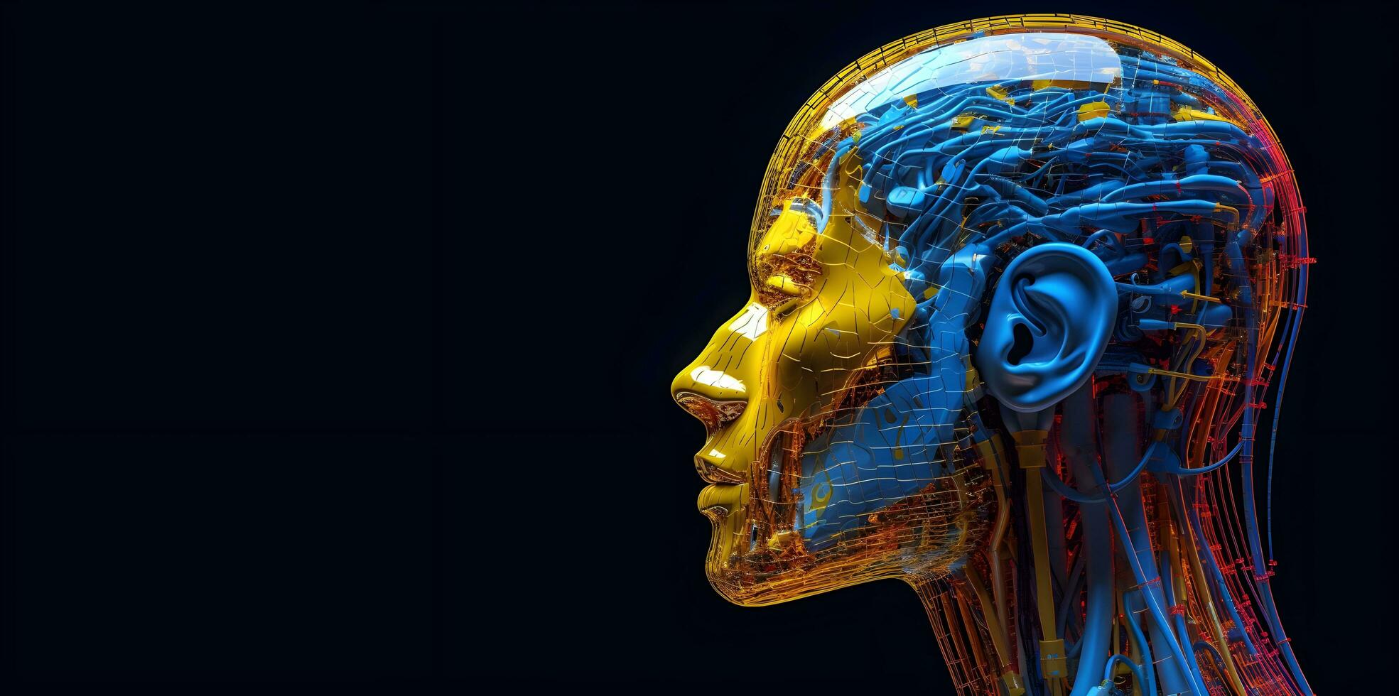 lado Visão do uma humanóide cabeça com azul e amarelo olhos e vibrante néon neural rede, representando futurista tecnologia e artificial inteligência. generativo ai foto