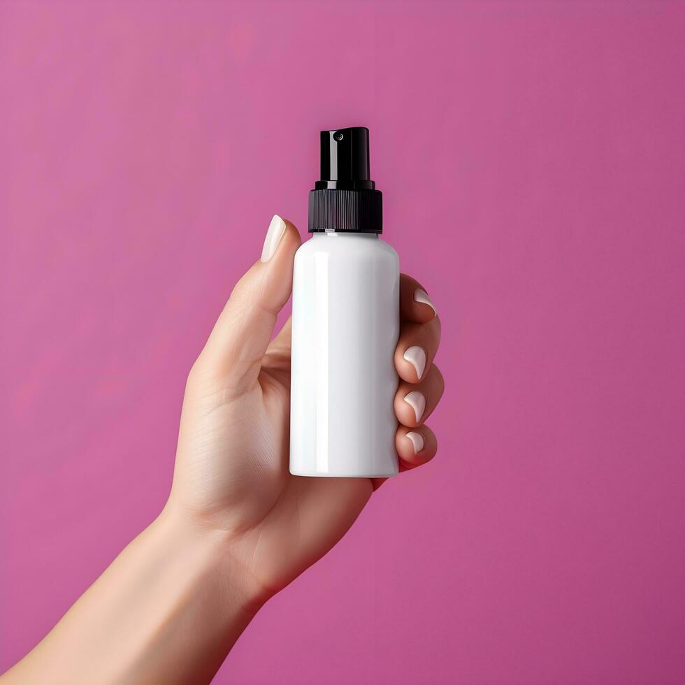 fêmea mão segurando uma branco Cosmético spray garrafa em uma Rosa fundo. generativo ai foto