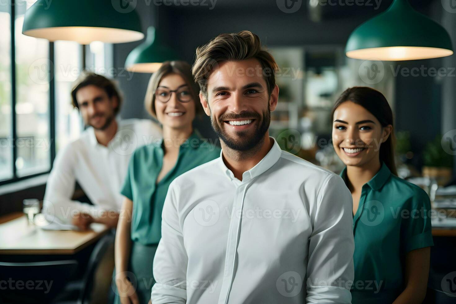 uma grupo do pessoas de negócio poses para uma profissional equipe foto, exalando confiança e profissionalismo enquanto olhando inteligente e impecável. generativo ai foto