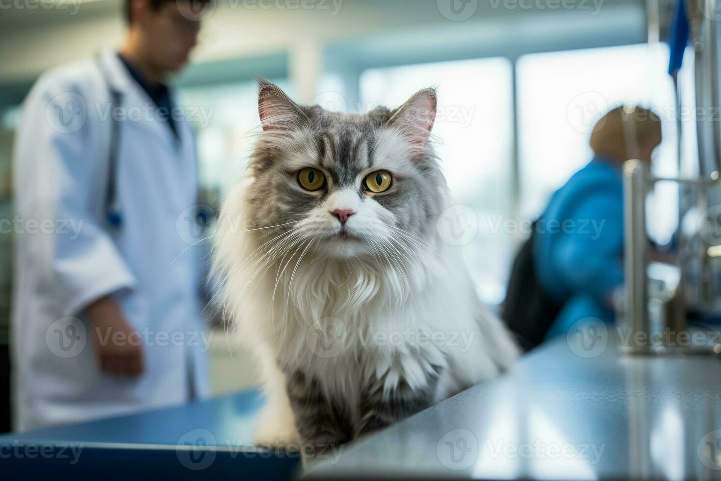 fêmea veterinário médico examina uma gato com uma estetoscópio foto