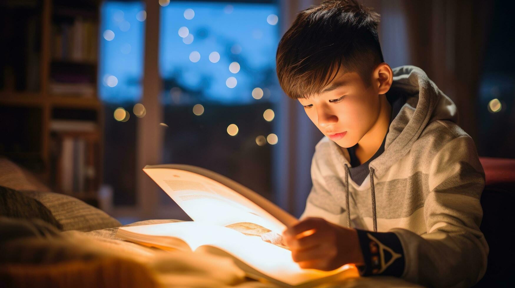 Garoto lendo uma livro didático com uma marcador foto