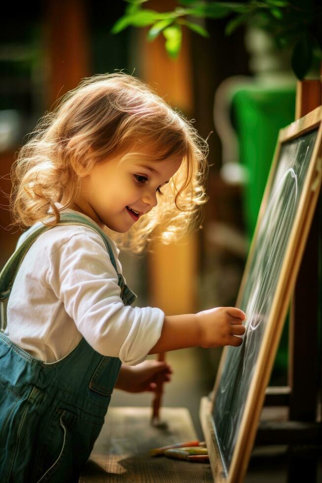 pequeno menina escrevendo em uma quadro-negro foto