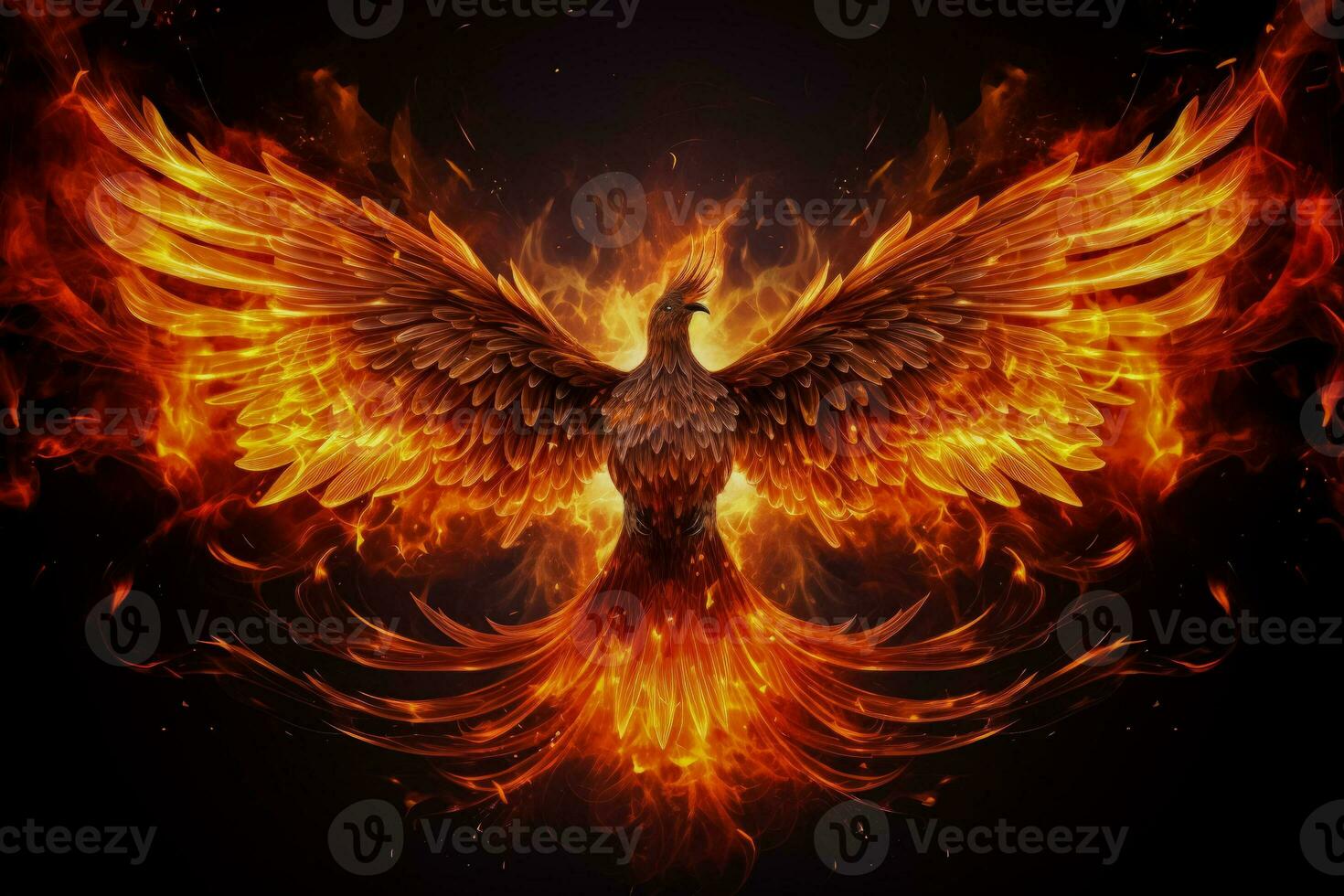 mítico flamejante Fénix pássaro de fogo faíscas e chamas em fogosa fundo foto