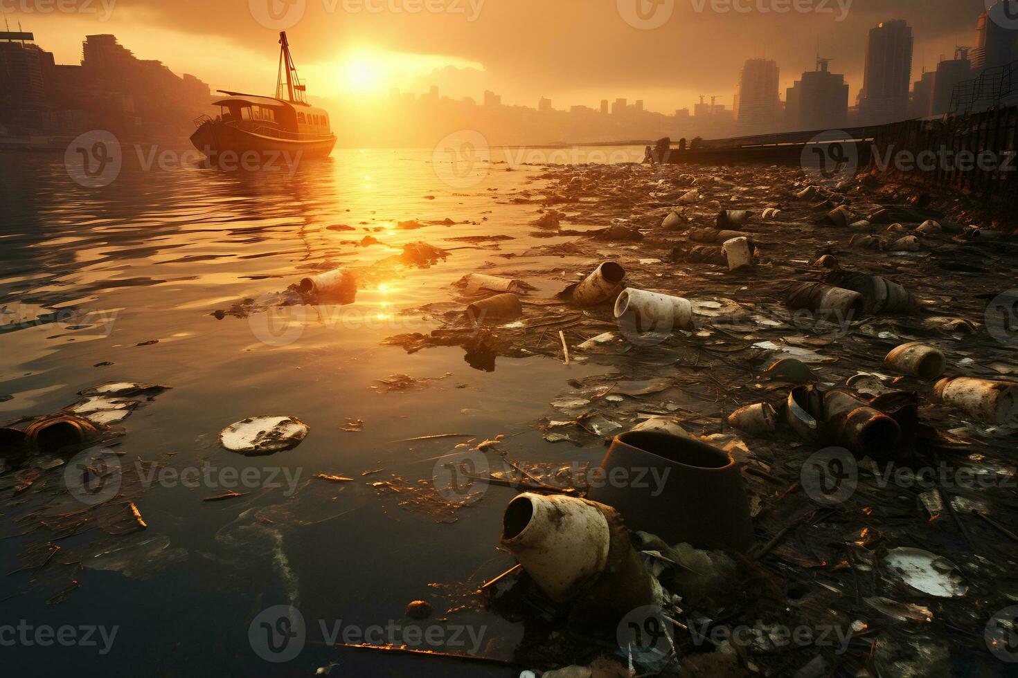 pôr do sol sobre poluído litoral revela de Meio Ambiente danificar ai generativo foto