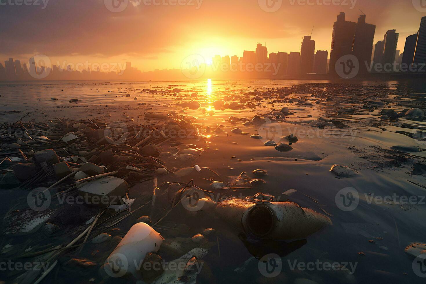 pôr do sol sobre poluído litoral revela de Meio Ambiente danificar ai generativo foto