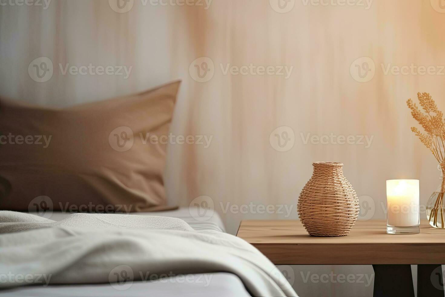 moderno interior acolhedor quarto Projeto com parede e uma vaso com outono folhas com em de madeira parede fundo, seletivo foco. generativo ai foto