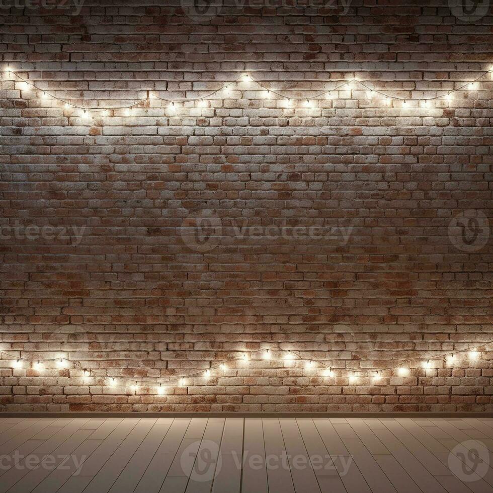 minimalista branco tijolo parede adornado com cintilante Natal luzes, perfeito para fundo. generativo ai foto