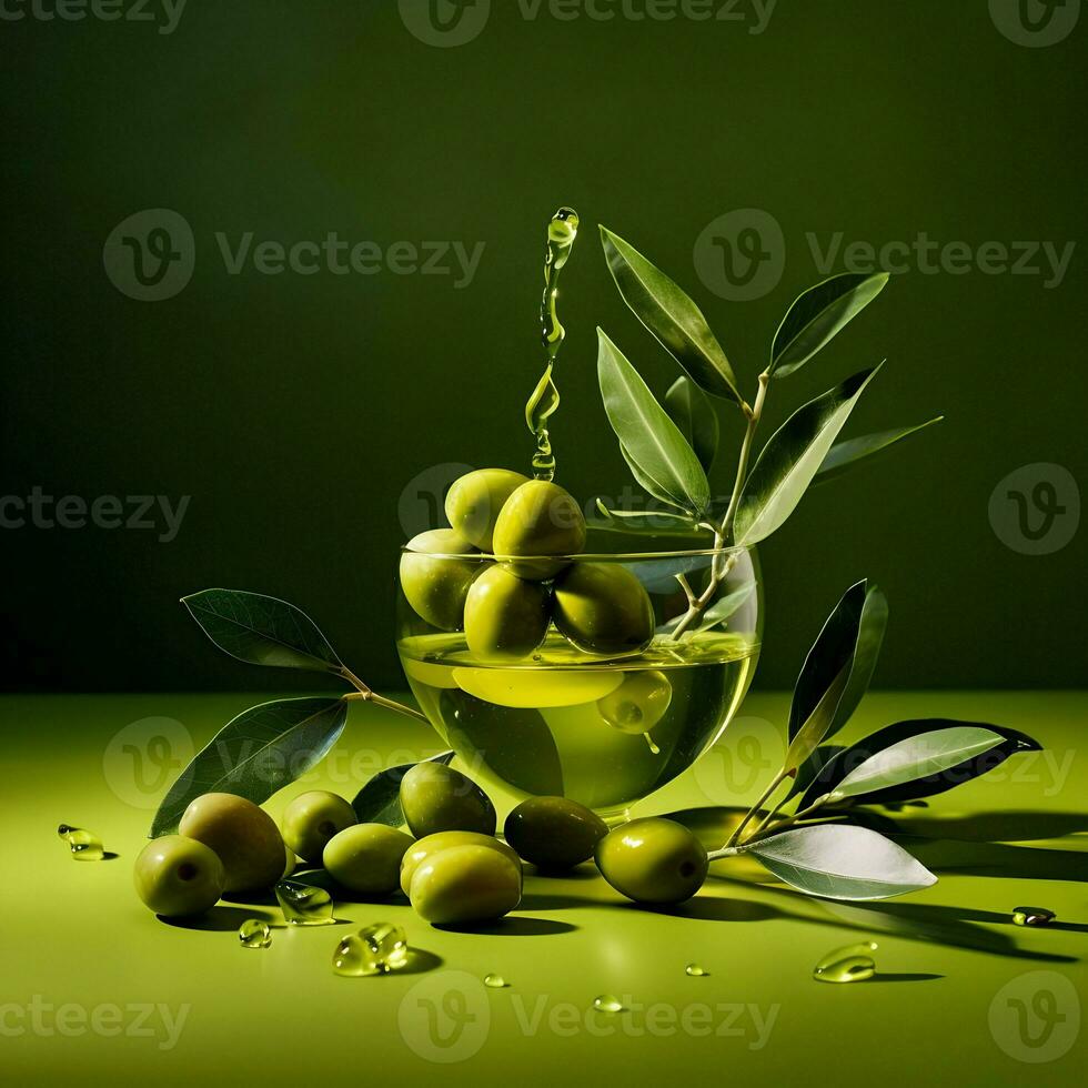 azeitonas e Oliva óleo flutuando em uma verde fundo. Alto qualidade ai generativo foto