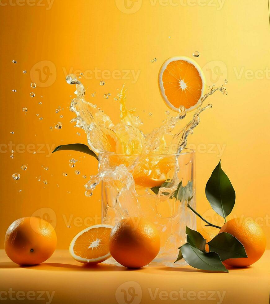 laranjas e laranja suco flutuando em a laranja fundo. alta resolução. ai generativo foto