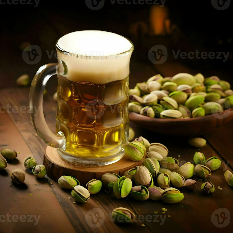 pistachios em uma prato e Cerveja dentro a vidro. Alto resolução. ai generativo foto