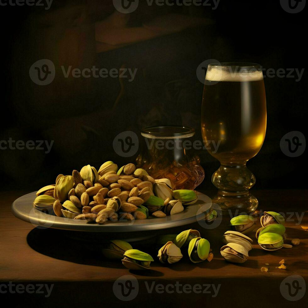 pistachios em uma prato e Cerveja dentro a vidro. Alto resolução. ai generativo foto