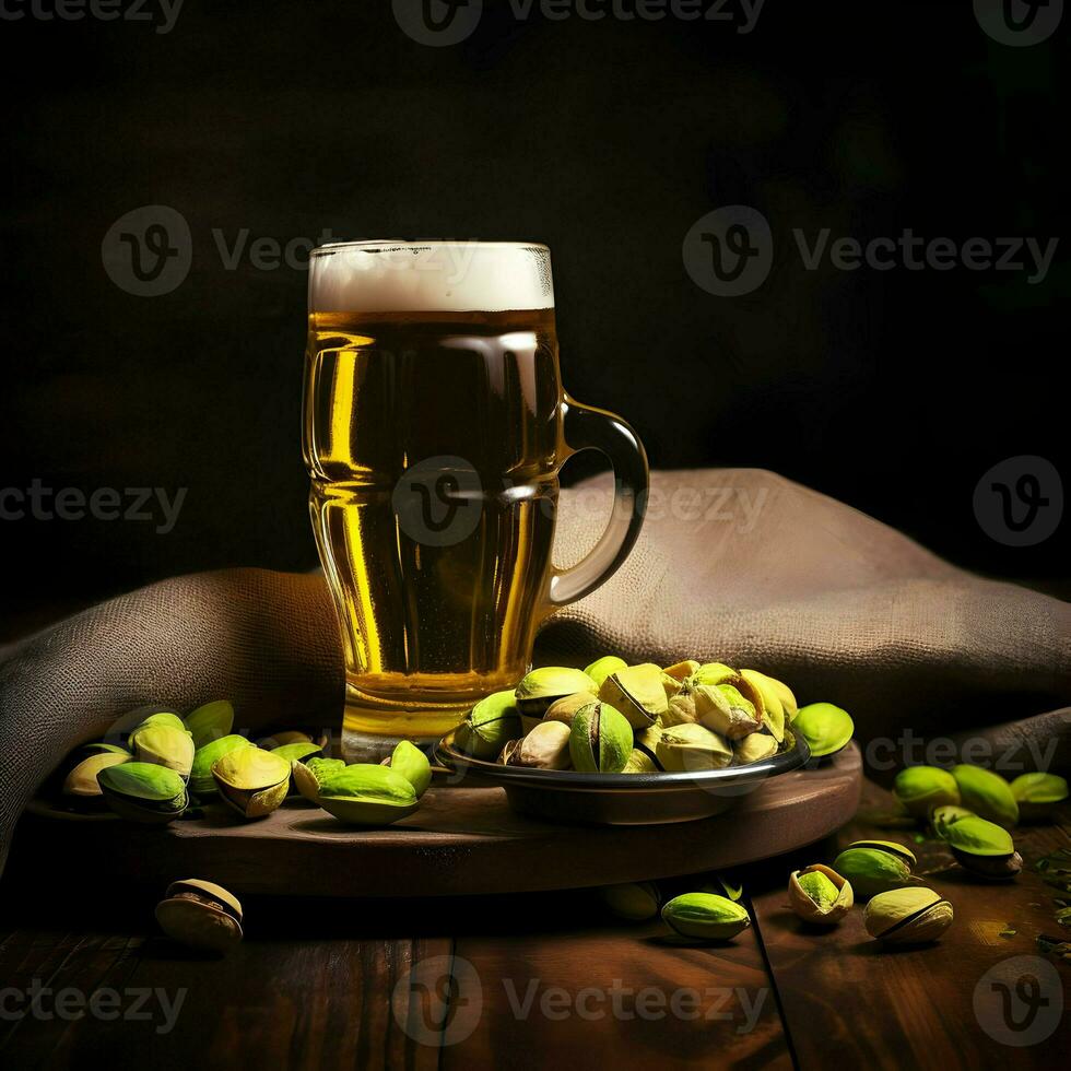 pistachios em uma prato e Cerveja dentro a vidro. Alto resolução. ai generativo foto