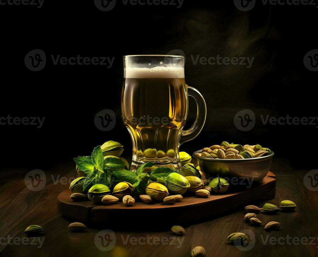 pistachios em uma prato e Cerveja dentro a vidro. Alto resolução. ai generativo foto