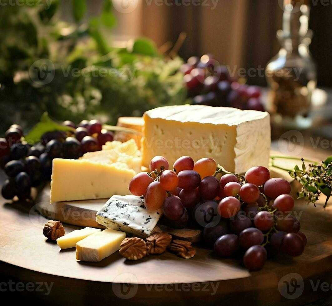 orgânico uva e queijo em de madeira prato. Alto qualidade. ai generativo foto