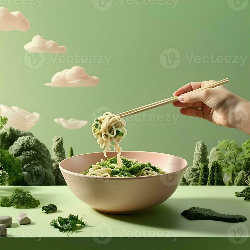 uma mão segurando uma tigela cheio do ramen Macarrão e costeletas. Alto qualidade. ai generativo foto