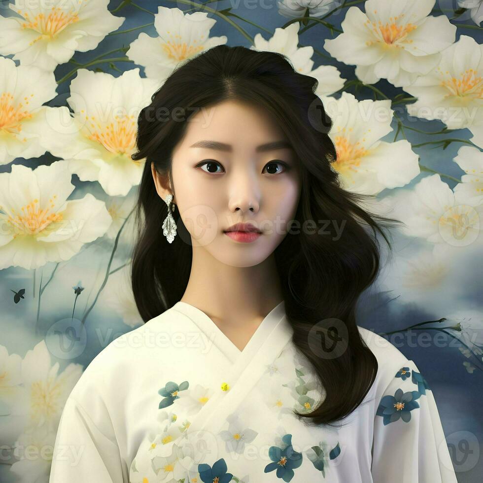 retrato do uma lindo japonês mulher vestindo uma branco vestir em uma flor fundo alta resolução. ai generativo foto