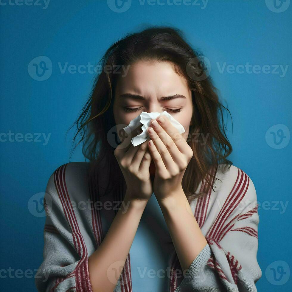 fechar-se do mulher sopro nariz em azul fundo. Alto qualidade. ai generativo foto