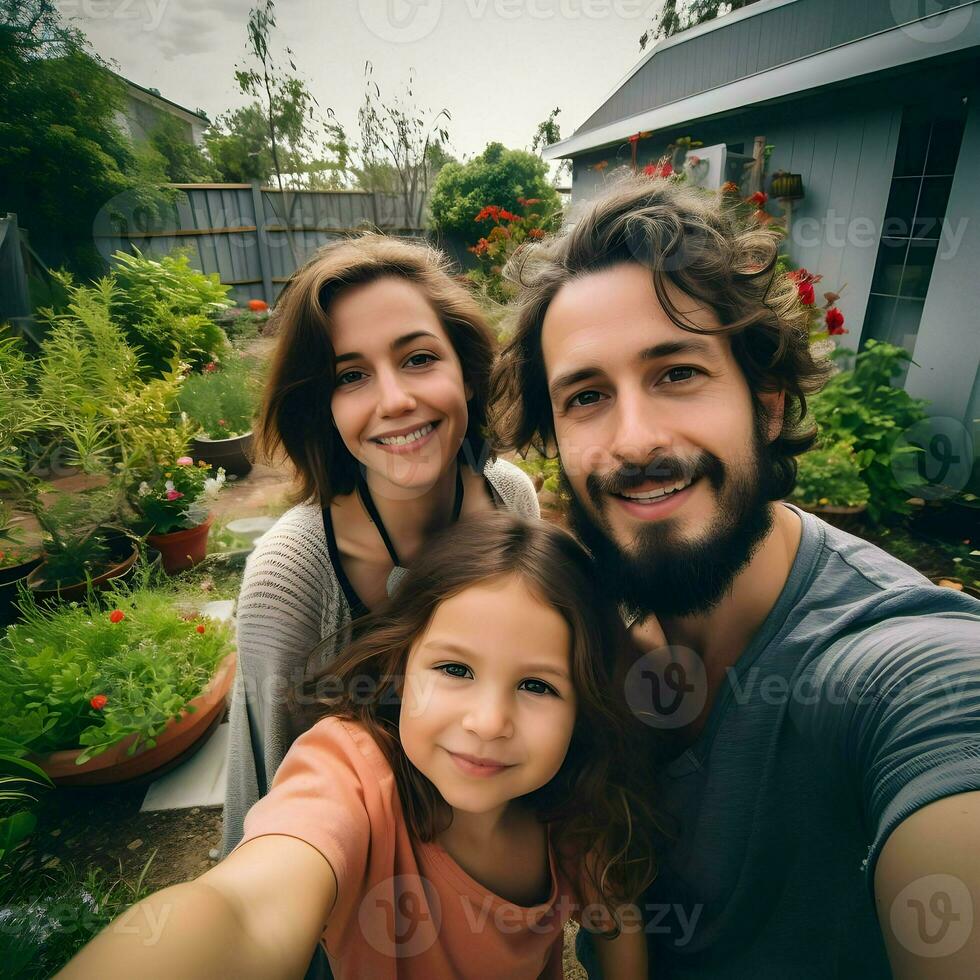 jovem família do três levando selfie dentro a quintal. alta resolução. ai generativo foto