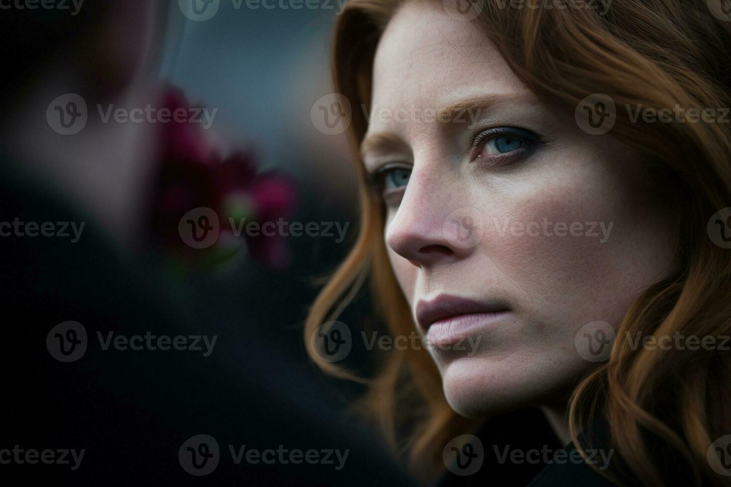 retrato do uma triste mulher com uma velório ramalhete do flores ai gerado foto