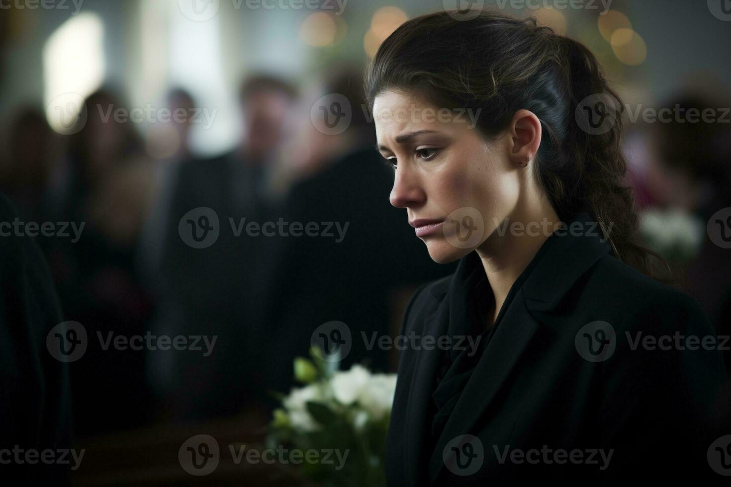 retrato do uma triste mulher com uma velório ramalhete do flores ai gerado foto