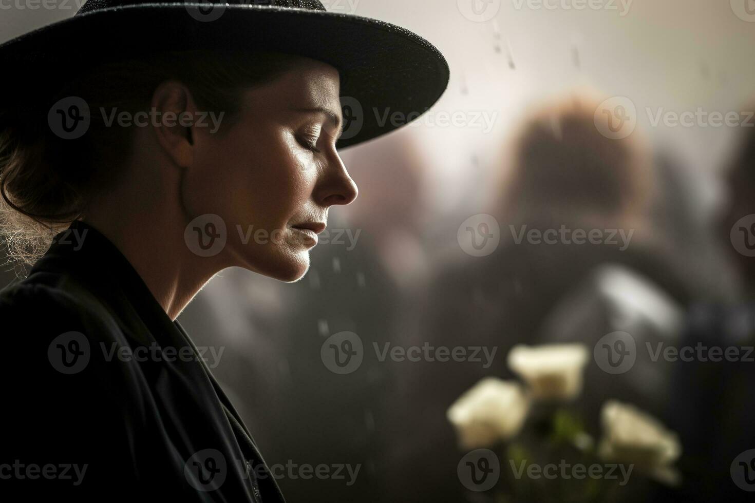 retrato do uma triste mulher com uma velório ramalhete do flores ai gerado foto