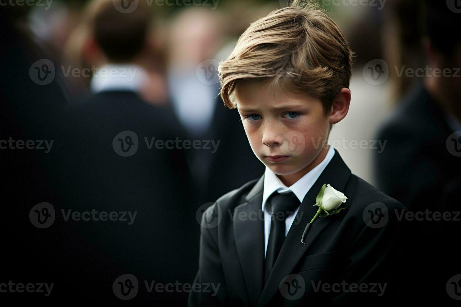 retrato do uma Garoto dentro uma Preto terno com uma velório ramalhete do flores ai gerado foto