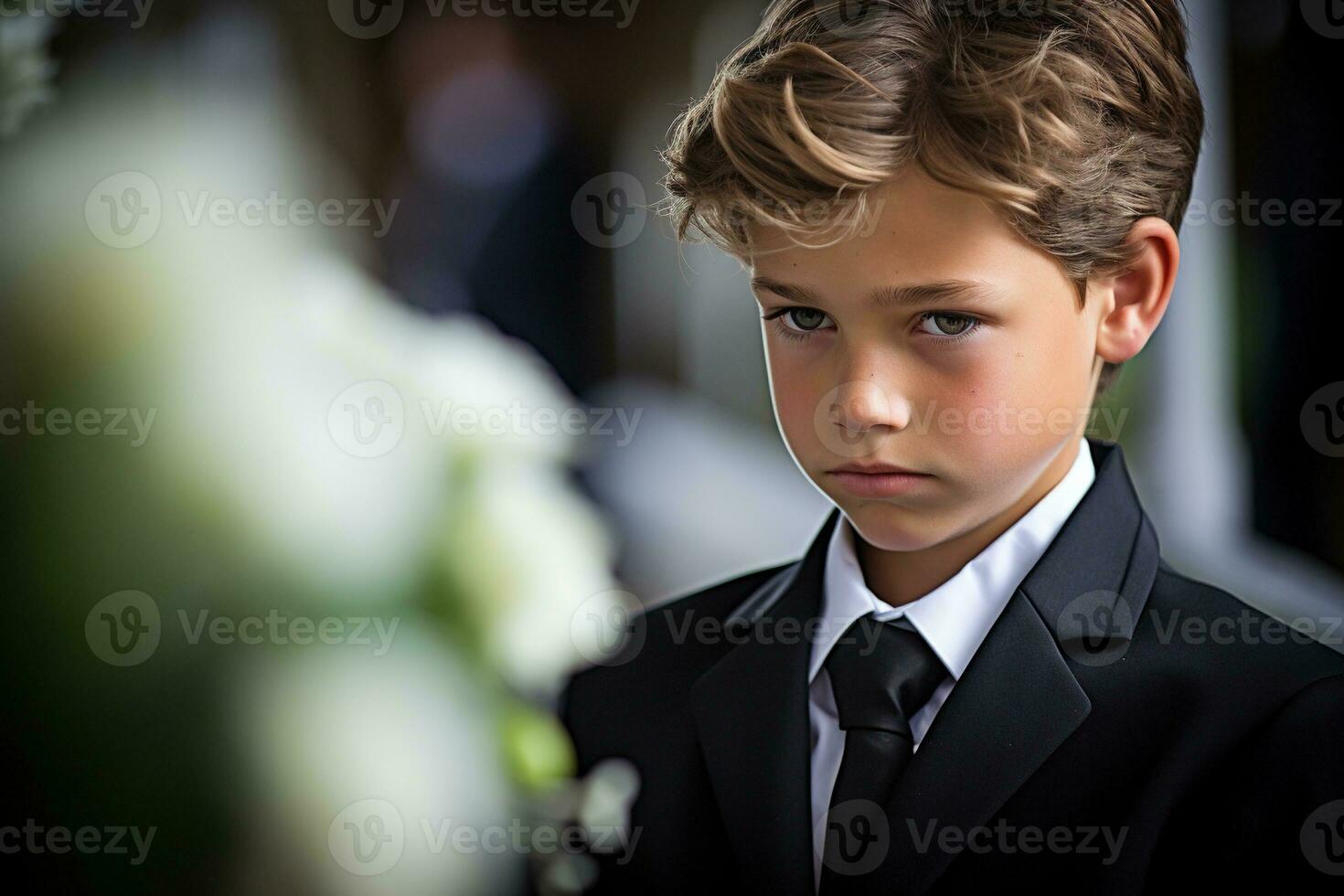 retrato do uma Garoto dentro uma Preto terno com uma velório ramalhete do flores ai gerado foto