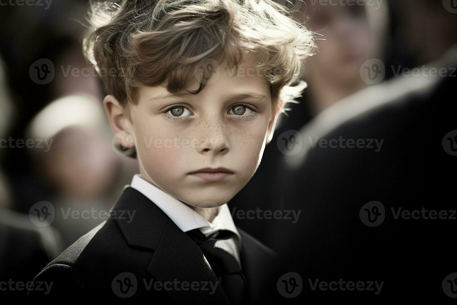 retrato do uma Garoto dentro uma Preto terno com uma velório ramalhete do flores ai gerado foto