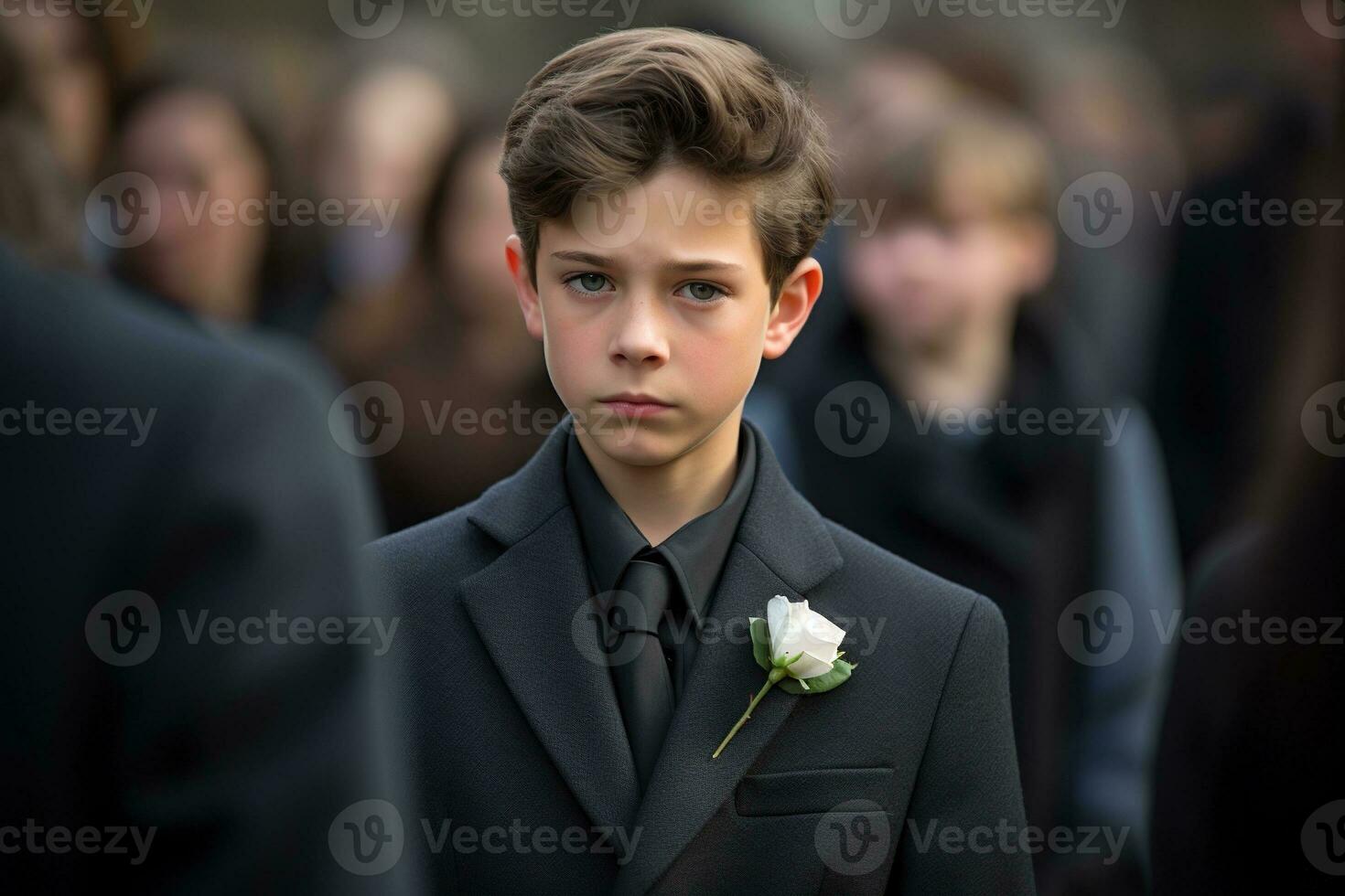 retrato do uma Garoto dentro uma Preto terno com uma velório ramalhete do flores ai gerado foto