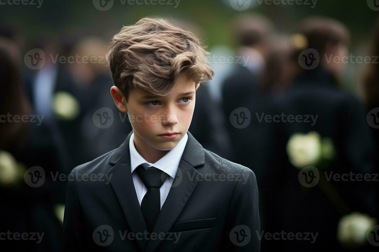 retrato do uma Garoto dentro uma Preto terno com uma velório ramalhete do flores ai gerado foto