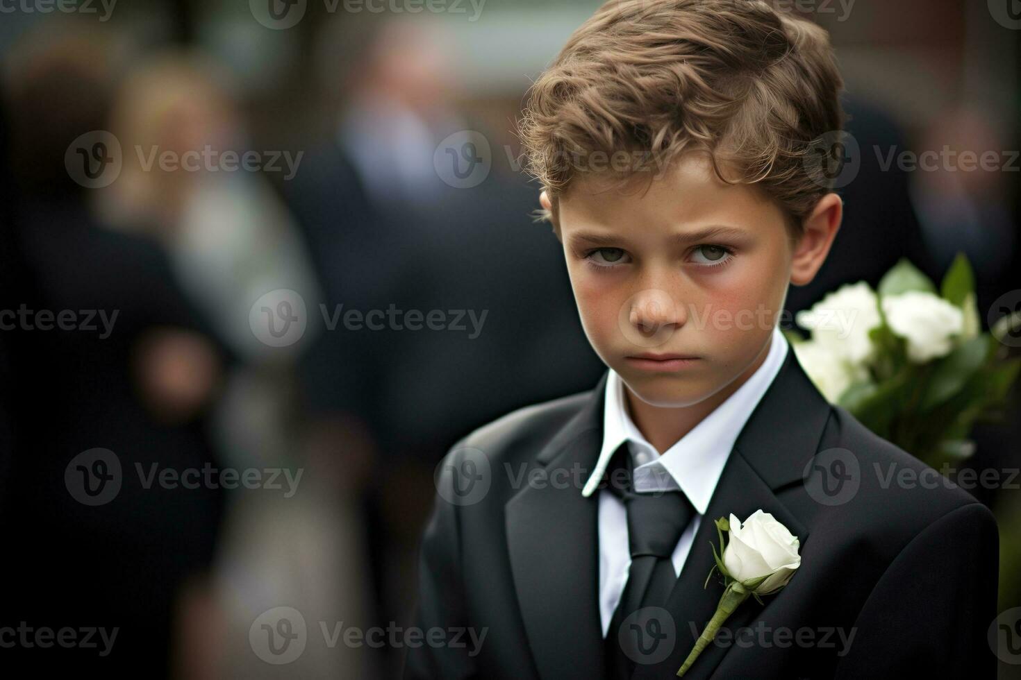 retrato do uma Garoto dentro uma Preto terno com uma velório ramalhete do flores ai gerado foto