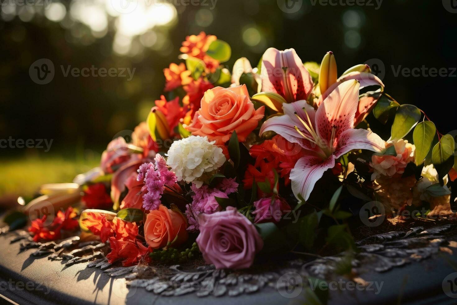 uma sepultura com lindo flores em isto. foto