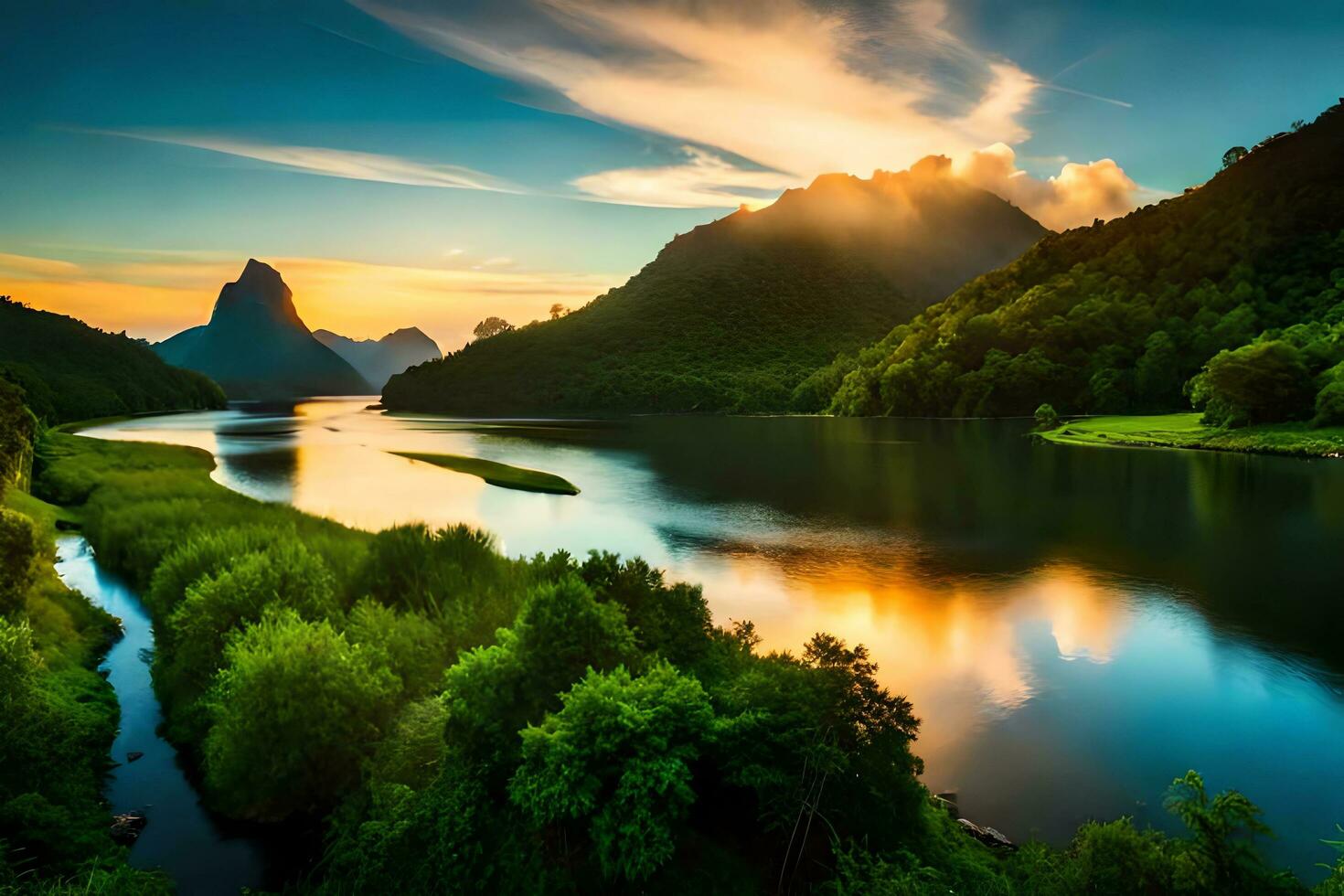 ai generativo, lindo tropical panorama com montanha e rio foto