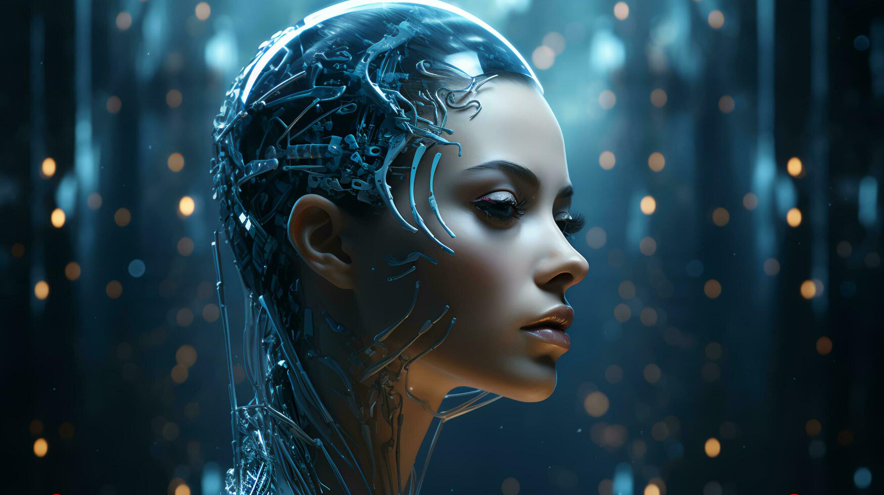 lindo face do uma futurista oi-tech cyborg robô mulher. conectando homem e computador com artificial inteligência dentro a futuro do humanidade foto