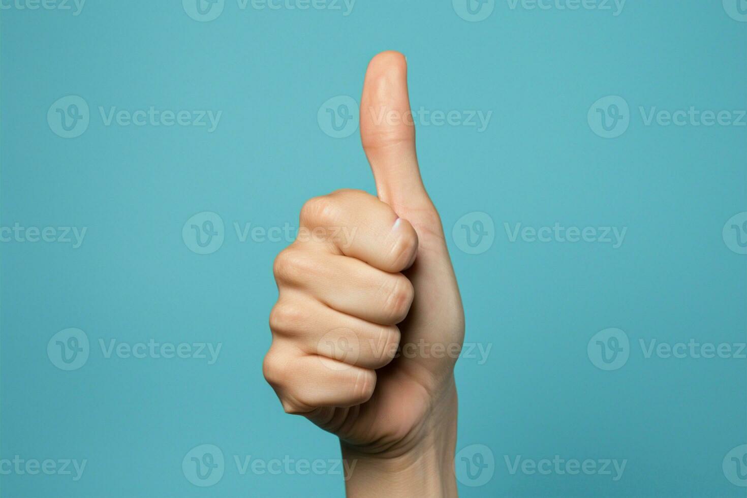 fêmea mão mostrando polegares acima em pastel azul fundo ai gerado foto