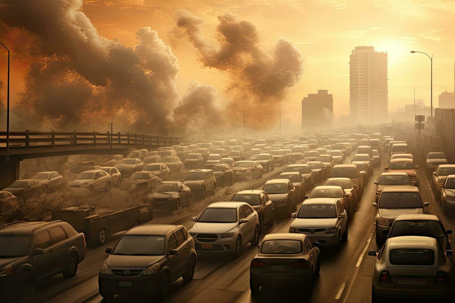 ar poluição dentro a cidade. poluição do a meio Ambiente conceito. carro tráfego dentro a cidade ar poluição, ai gerado foto