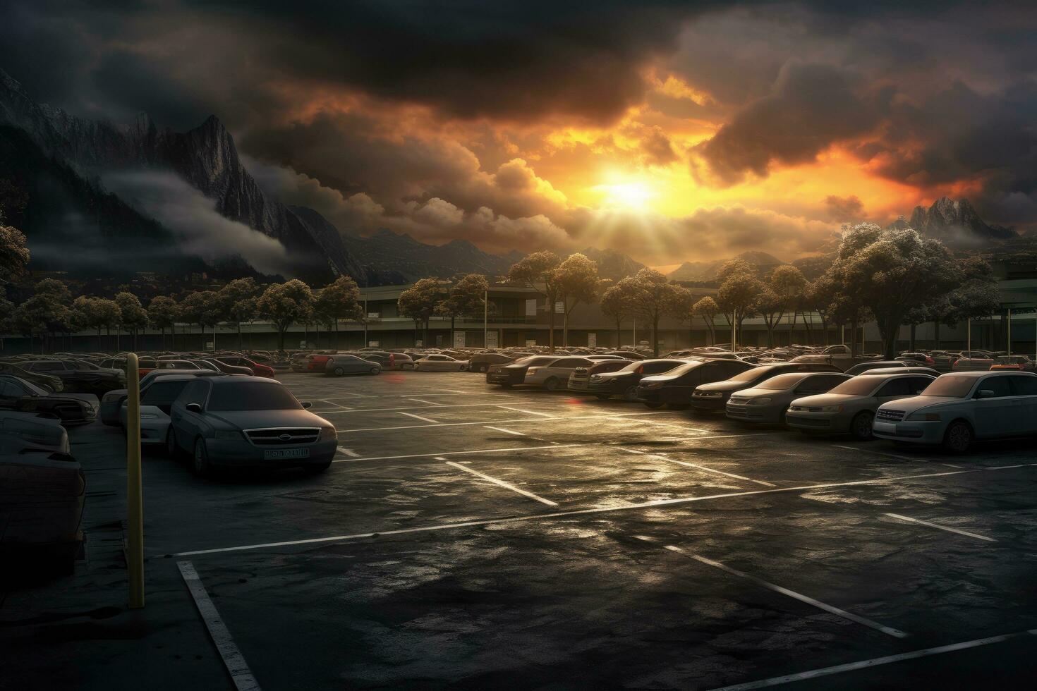 carro estacionamento muitos dentro frente do montanhas às pôr do sol. 3d Renderização, carro parque às a fim do a dia, ai gerado foto