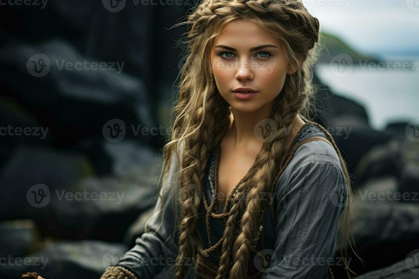 trançado cabelo feroz viking menina com indomado espírito monitores bravura foto